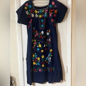 Vintage Navy Blue Oaxacan Mexican Embroidered Knee Length Dress